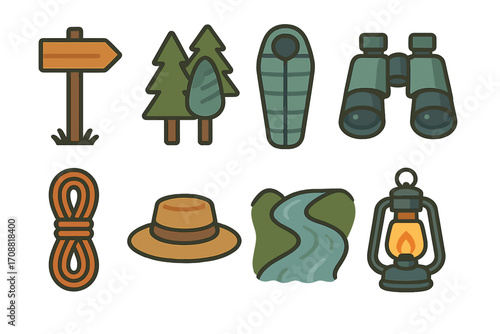 Camping equipment flat icons set. featuring sign, trees, sleeping bag, binoculars, rope, hat, river, lantern