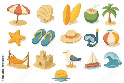 Beach and travel flat icon set. featuring umbrella, shell, surfboard, coconut, starfish, and flip-flops.