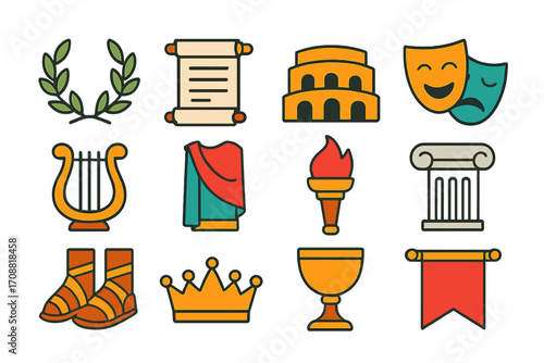 Ancient rome flat icon set. featuring laurel, scroll, coliseum, masks, lyre, toga, torch, column, sandal, crown, chalice, banner