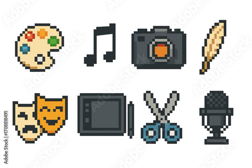 Arts and music pixel icon set. featuring palette, note, camera, quill, masks, tablet, scissors, microphone