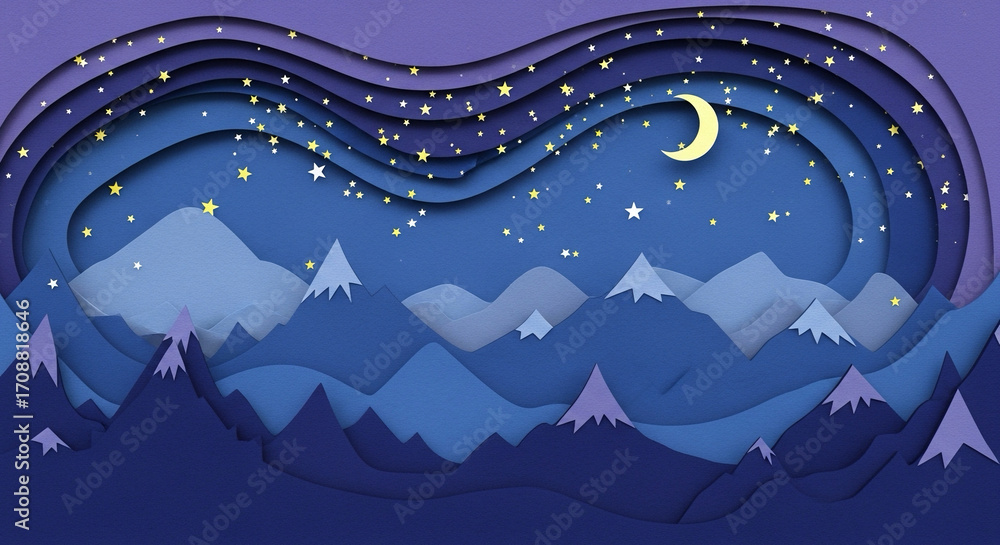 Obraz premium Paper-cut mountain scene with layered night sky and stars