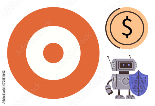 Orange target icon, robot with data shield, and dollar coin emphasizing fintech, cybersecurity, AI, goal achievement. Ideal for finance, innovation, security technology AI ethics business digital