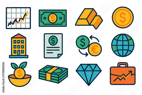 Finance and business flat icon set. featuring chart, money, gold, coin, building, document, currency, globe, investment, cash, diamond, portfolio symbols