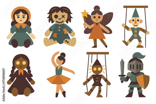 Fairy tale characters flat icons set: doll, scarecrow, fairy, puppet, ghost, ballerina, marionette, knight