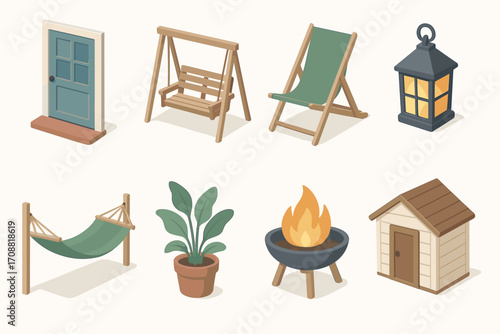 Outdoor elements flat icon set. featuring door, swing, chair, lantern, hammock, plant, fireplace, doghouse