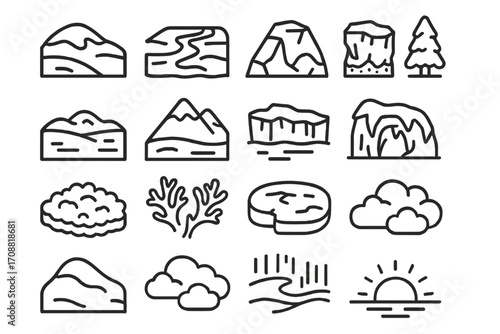Nature elements silhouette icon set. featuring mountains, river, trees, clouds, sunset, hills, rocks, and cave