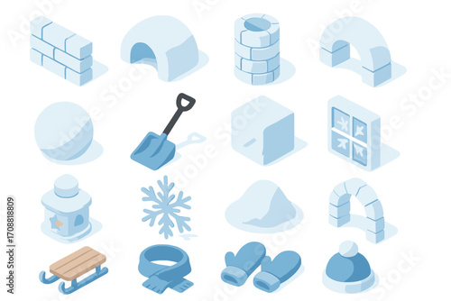 “winter activities flat icon set. featuring igloo, snowball, sled, snowflake, shovel, mitten, and ice cube icons”