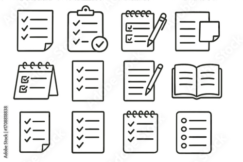 Productivity linear icon set. featuring checklist, clipboard, notes, tasks, journal, and memo symbols