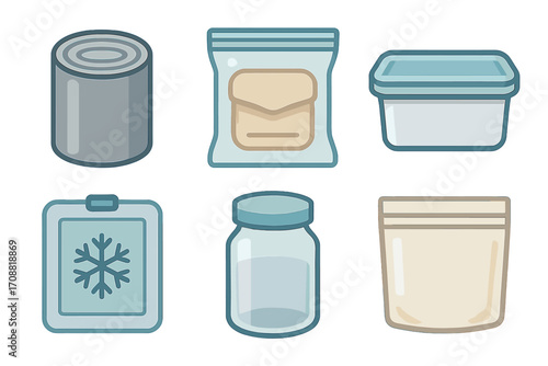 Food storage linear icon set. featuring can, bag, container, freezer, jar, pouch symbols
