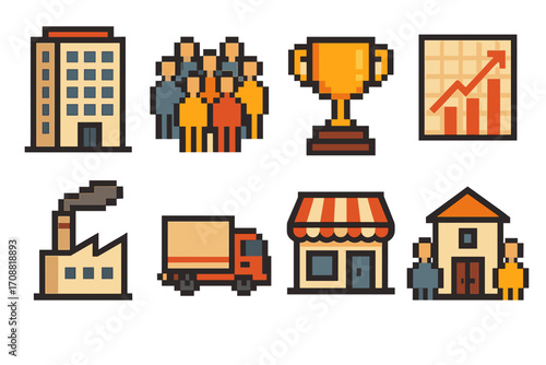 Business and growth flat icon set. featuring building, team, trophy, chart, factory, truck, shop, and home