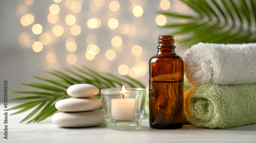 Serenity in Spa Setting with Candles, Stones and Towels Serenity in Spa Setting with Candles, Stones and Towels