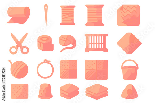 Sewing tools flat icon set. featuring thread, needle, fabric, scissors, yarn, button, and thimble symbols