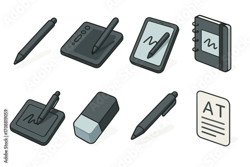 Digital art flat icon set. featuring pen, tablet, notebook, eraser, and stylus symbols