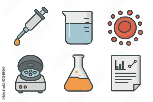 Biomedical flat icon set. featuring syringe, beaker, cell, centrifuge, flask, report
