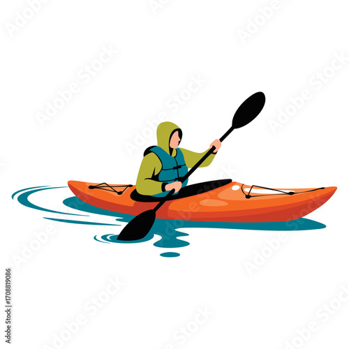 Adventure themed vector illustration of man with boat rowing. Great for outdoor activities, travel, water sports, exploration, and recreational designs.