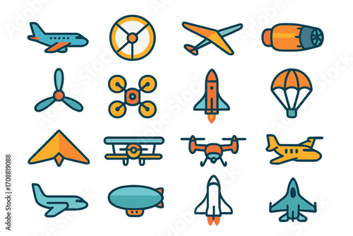 Aviation flat icon set. featuring airplane, drone, helicopter, jet, glider, and parachute symbols