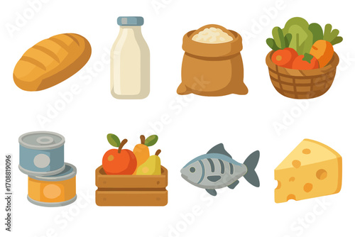 Food and grocery flat icon set. featuring bread, milk, rice, vegetables, cans, fruits, fish, and cheese