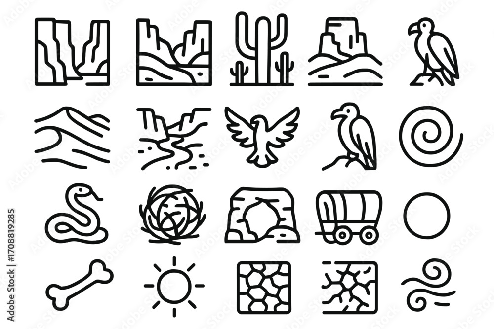 Fototapeta premium Nature and wildlife linear icon set. featuring canyon, cactus, desert, bird, snake, and sun symbols
