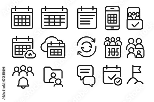 Calendar and event management linear icon set. featuring calendar, sync, group, notification, contact, communication icons