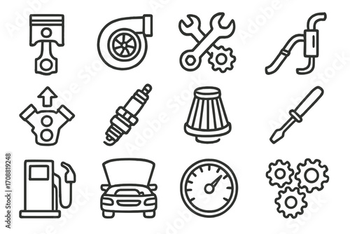 Automotive linear icon set. featuring piston, turbo, wrench, fuel nozzle, engine, spark plug, filter, dipstick