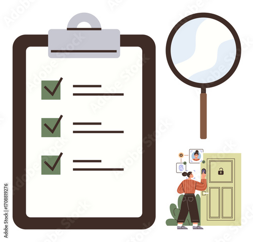 Large checklist with marked tasks, magnifying glass for scrutiny, person unlocking door. Ideal for organization, productivity, security, investigation, analysis, task management focus concepts