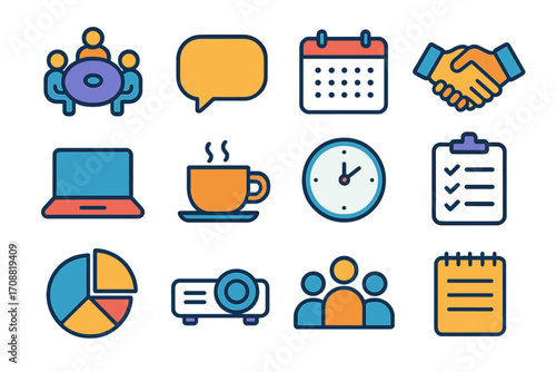 Business meeting flat icon set. featuring teamwork, chat, calendar, handshake, laptop, coffee, clock, checklist, chart, projector, team, notepad