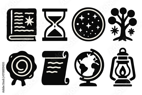 Astrology and education silhouette icon set. featuring book, hourglass, zodiac, tree, certificate, scroll, globe, lantern
