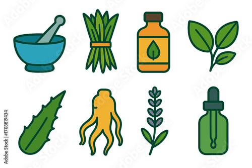 Herbal remedies flat icon set. featuring mortar, lemongrass, bottle, basil, aloe, ginseng, lavender, dropper