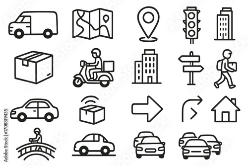 Logistics and delivery linear icon set. featuring van, map, location, traffic light, buildings, scooter, package, directions, house, car