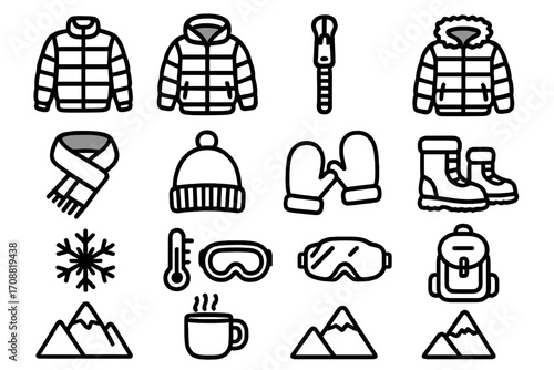 Winter gear linear icon set. featuring jacket, zipper, scarf, hat, mittens, boots, snowflake, and more