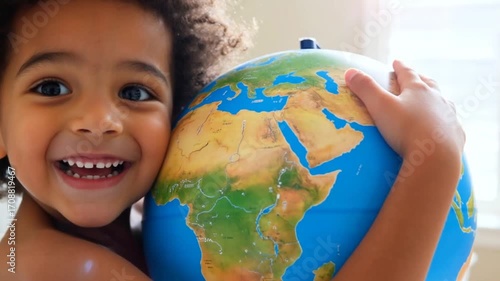 Joyful Child Embraces Globe, Dreaming of World Exploration and Discovery