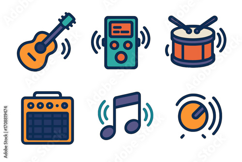 Music equipment flat icons set. featuring guitar, remote, drum, mixer, musical note, and volume control symbols