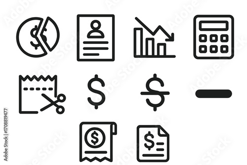 Business and finance silhouette icon set. featuring pie chart, resume, graph, calculator, receipt, dollar sign, and invoice symbols