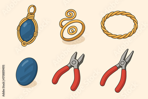 Jewelry making flat icon set. featuring pendant, wire art, bracelet, gemstone, pliers, and tools