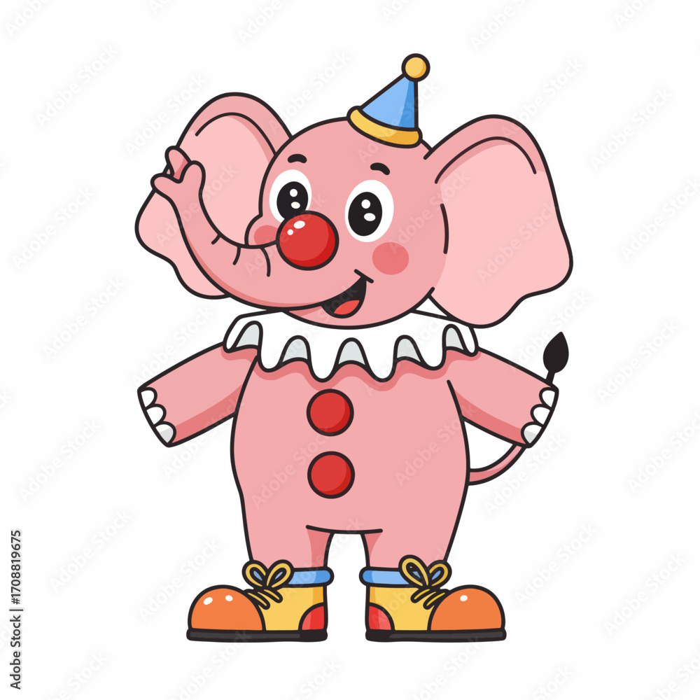 Fototapeta premium Cartoon Elephant Clown with Red Nose, Party Hat, and Big Shoes
