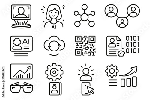 Professional ai linear icons set. video call, ai portrait, network, data, qr, cloud, statistics, settings