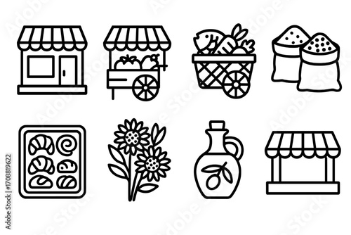 Market and food linear icon set. featuring shop, cart, basket, grains, flowers, bottle, and stall symbols