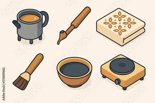 Tea ceremony flat icon set. featuring tea cup, tea brush, bento box, chasen, tea bowl, and tea warmer symbols