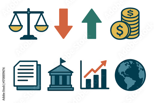 Finance and economy flat icons set. featuring scales, arrows, coins, documents, bank, chart, and globe symbols