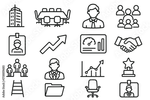 Office elements linear icon set. featuring building, meeting, employee, growth, handshake, and more