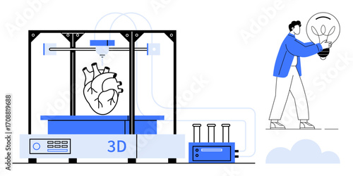 3D printer creating heart prototype with scientist holding plant-filled bulb. Ideal for innovation, medical research, sustainability, technology, bioengineering, inspiration, science. Simple flat