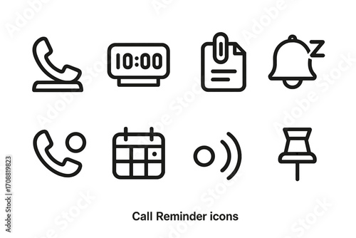 Call reminder linear icons set. featuring phone, alarm, memo, bell, calendar, notification, and pin symbols
