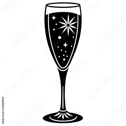 Stylized black and white illustration of a champagne flute filled with bubbly liquid and sparkling stars