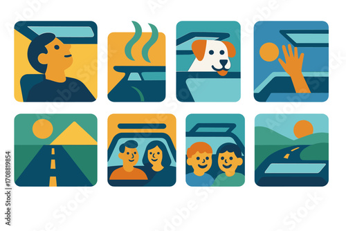 Travel experience flat icon set. featuring sunroof, scenery, family, dog, hand, and road trip symbols