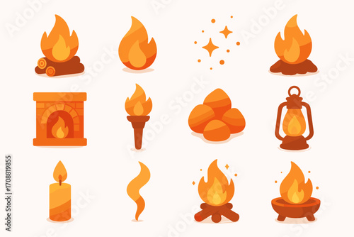Camping fire flat icon set. featuring campfire, flame, sparkles, fireplace, torch, logs, lantern, candle, and bonfire symbols