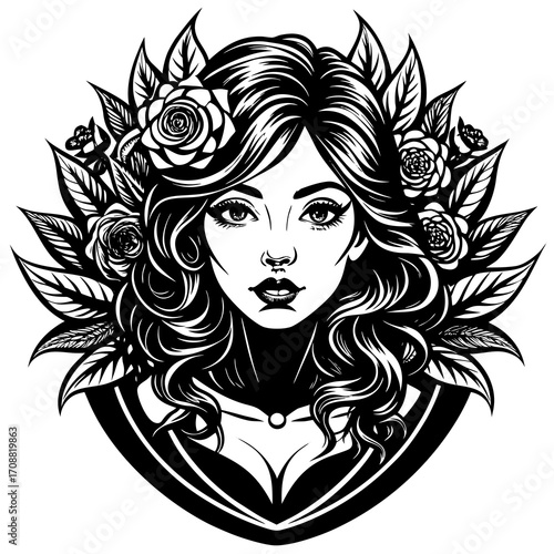 Elegant black and white portrait of a woman with roses and leaves in her hair