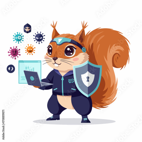 Cartoon Squirrel Cyber Security Expert Holding Laptop and Shield