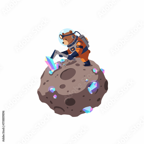 Cartoon Bear Astronaut Mining Colorful Crystals on Asteroid Surface