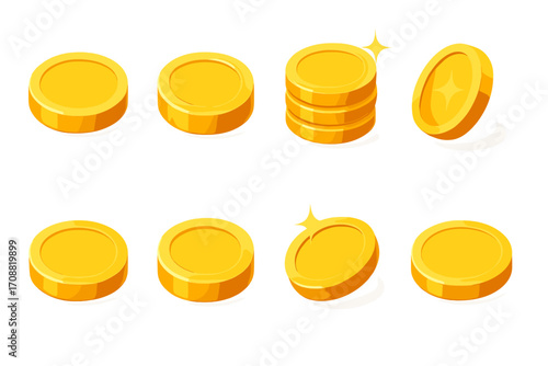 Currency and finance flat icons set. featuring coins, stacks, shine, and golden symbols