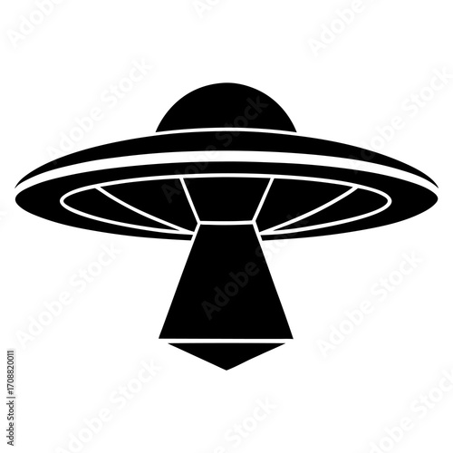Black silhouette of a classic flying saucer alien spacecraft with a beam of light emanating from its underside
